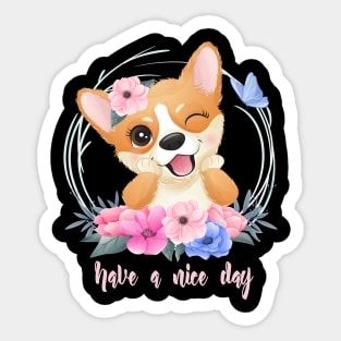 cute little corgi with floral portrait tshirt Sticker